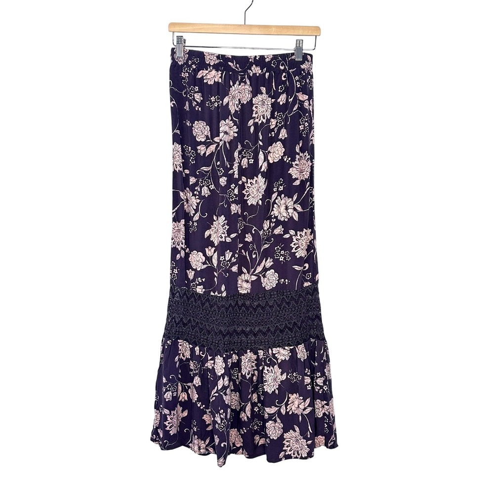 Charlotte Russe Bohemian Floral Maxi Skirt Purple Ruffle Hem Elastic Waist